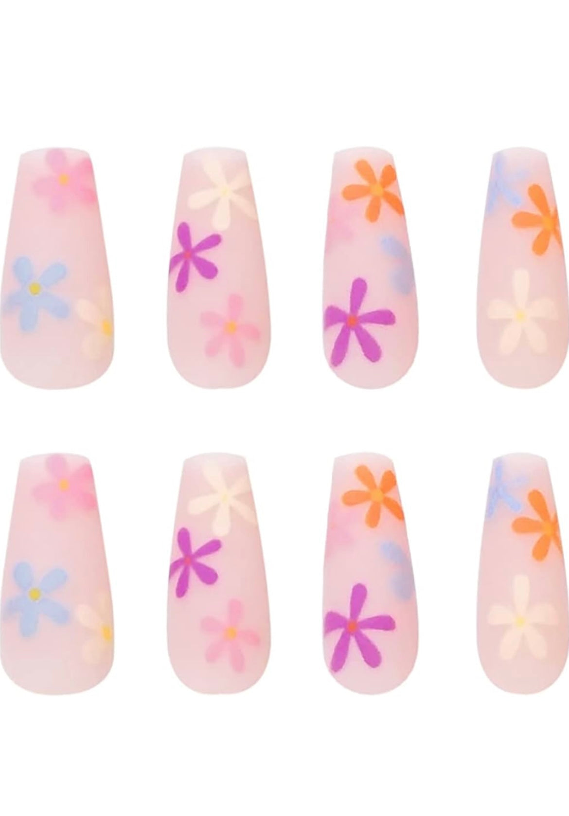 24 Pcs Matte Press on Nails Coffin with Glue, Small False Nails for Women (Cute Flower)