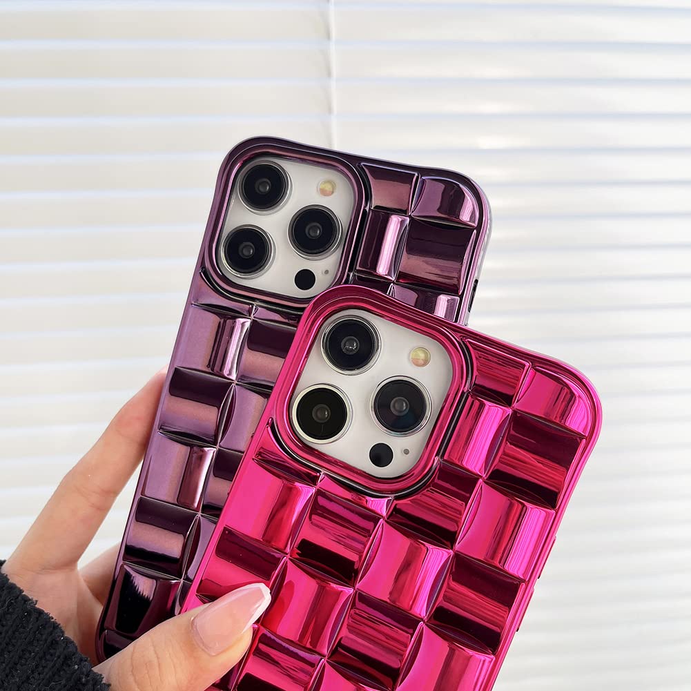 iPhone Cute 3D Weave Grid Lattice Shiny Plated Design Soft TPU Silicone Camera Screen Protect Bumper Case for Women Girls Slim Reinforced Shockproof (Fuchsia,iPhone 12 Pro)