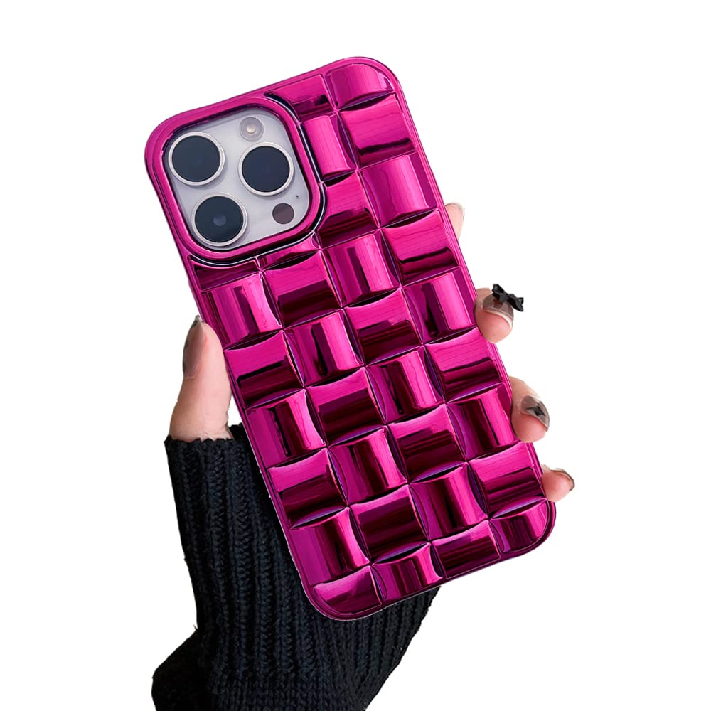 iPhone Cute 3D Weave Grid Lattice Shiny Plated Design Soft TPU Silicone Camera Screen Protect Bumper Case for Women Girls Slim Reinforced Shockproof (Fuchsia,iPhone 12 Pro)