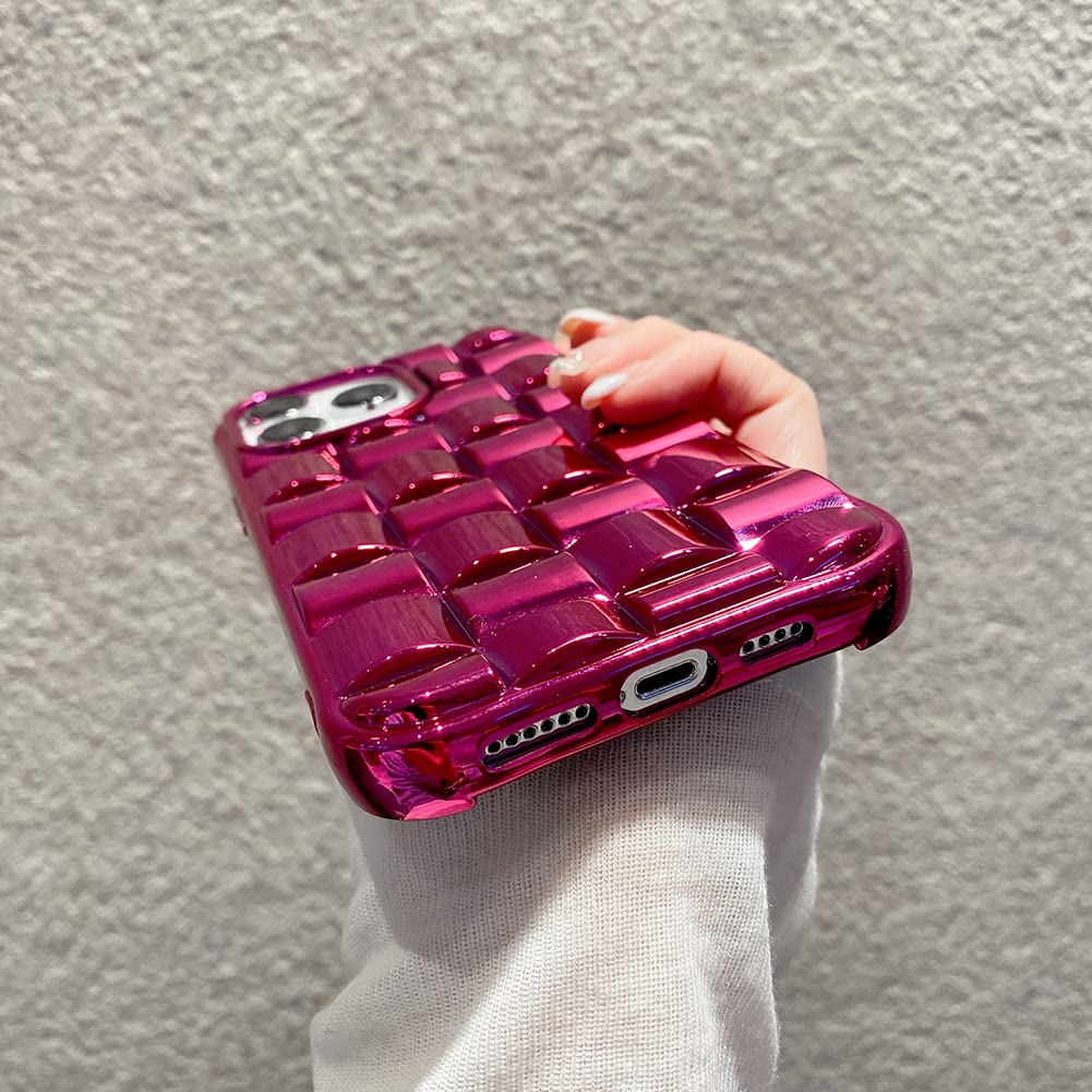 iPhone Cute 3D Weave Grid Lattice Shiny Plated Design Soft TPU Silicone Camera Screen Protect Bumper Case for Women Girls Slim Reinforced Shockproof (Fuchsia,iPhone 12 Pro)