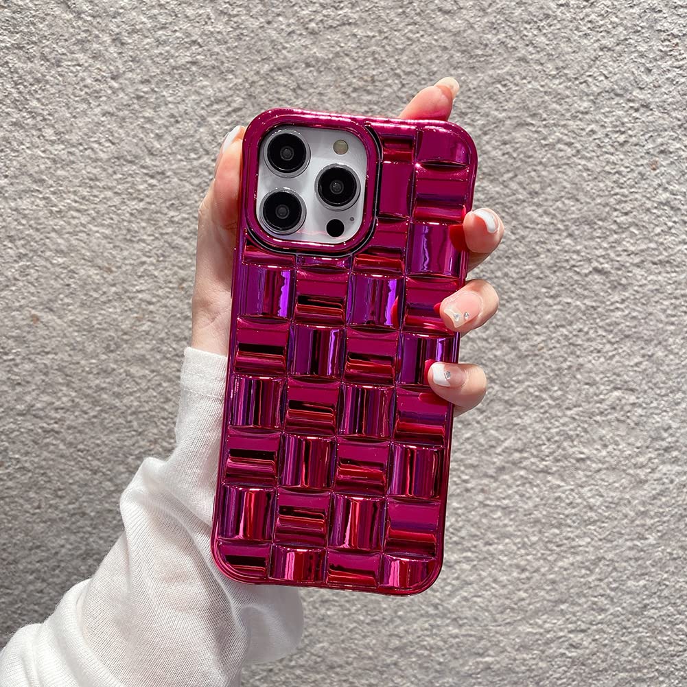 iPhone Cute 3D Weave Grid Lattice Shiny Plated Design Soft TPU Silicone Camera Screen Protect Bumper Case for Women Girls Slim Reinforced Shockproof (Fuchsia,iPhone 12 Pro)