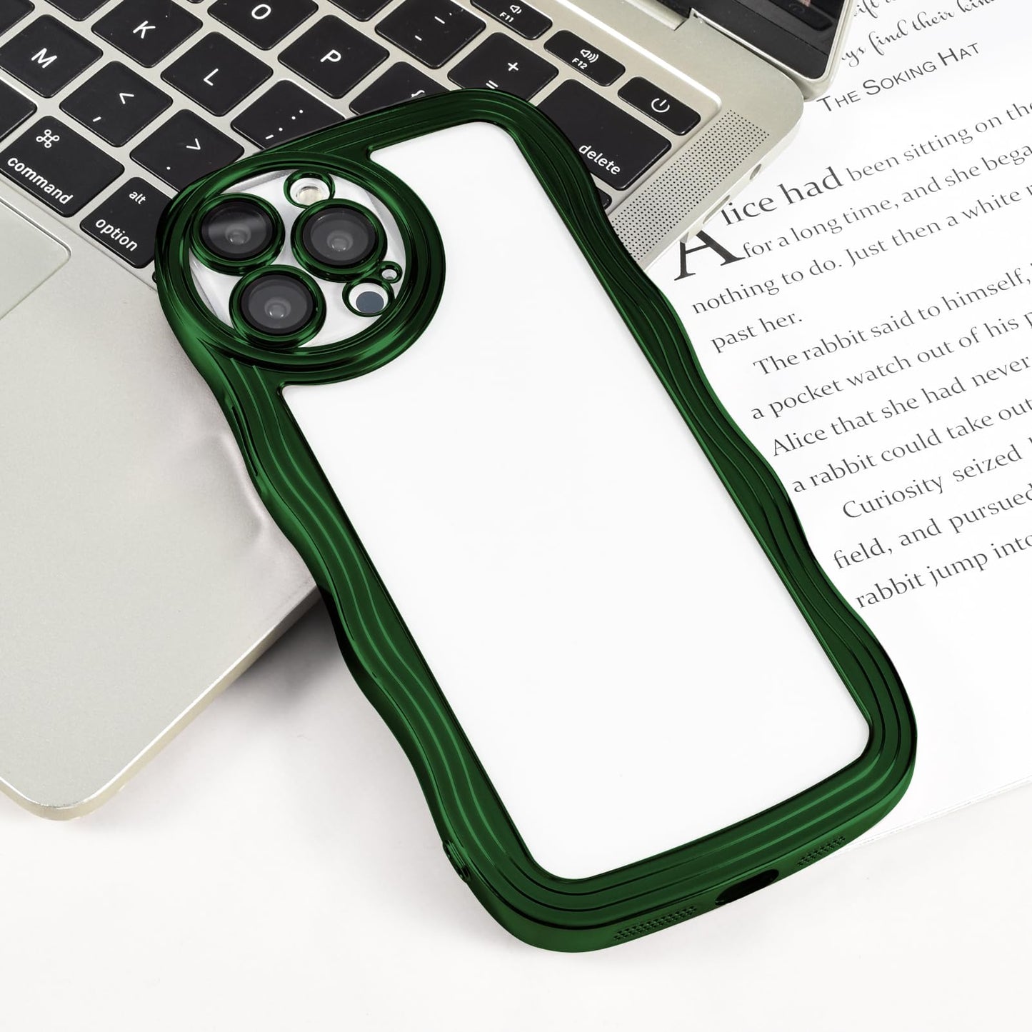 iPhone 14 Pro Max 6.7 Case Wavy Edge Clear Back, Built-in Camera Lens Protector, Cute Curly Wave Shape Luxury Plating Frame Anti-Slip Grip Shockproof Soft TPU Aesthetic Phone Cover, Green