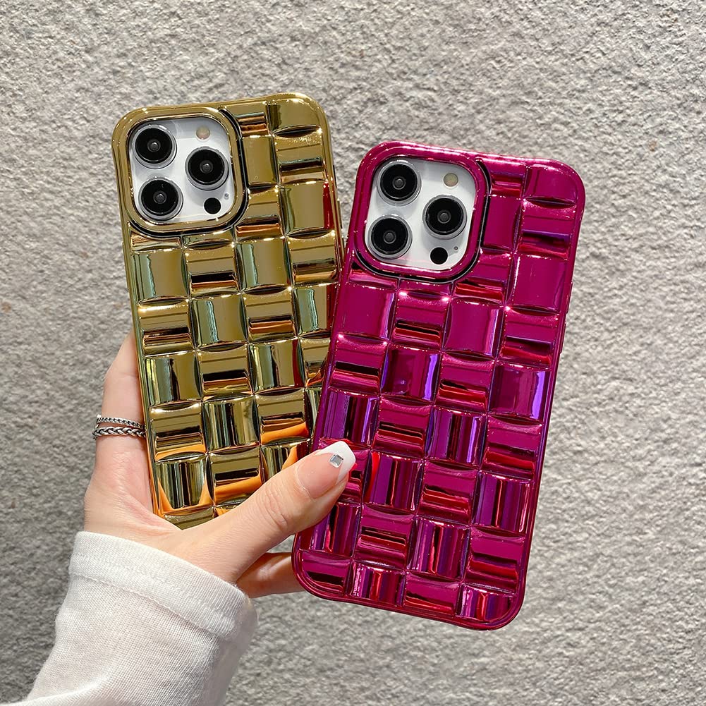 iPhone Cute 3D Weave Grid Lattice Shiny Plated Design Soft TPU Silicone Camera Screen Protect Bumper Case for Women Girls Slim Reinforced Shockproof (Fuchsia,iPhone 12 Pro)