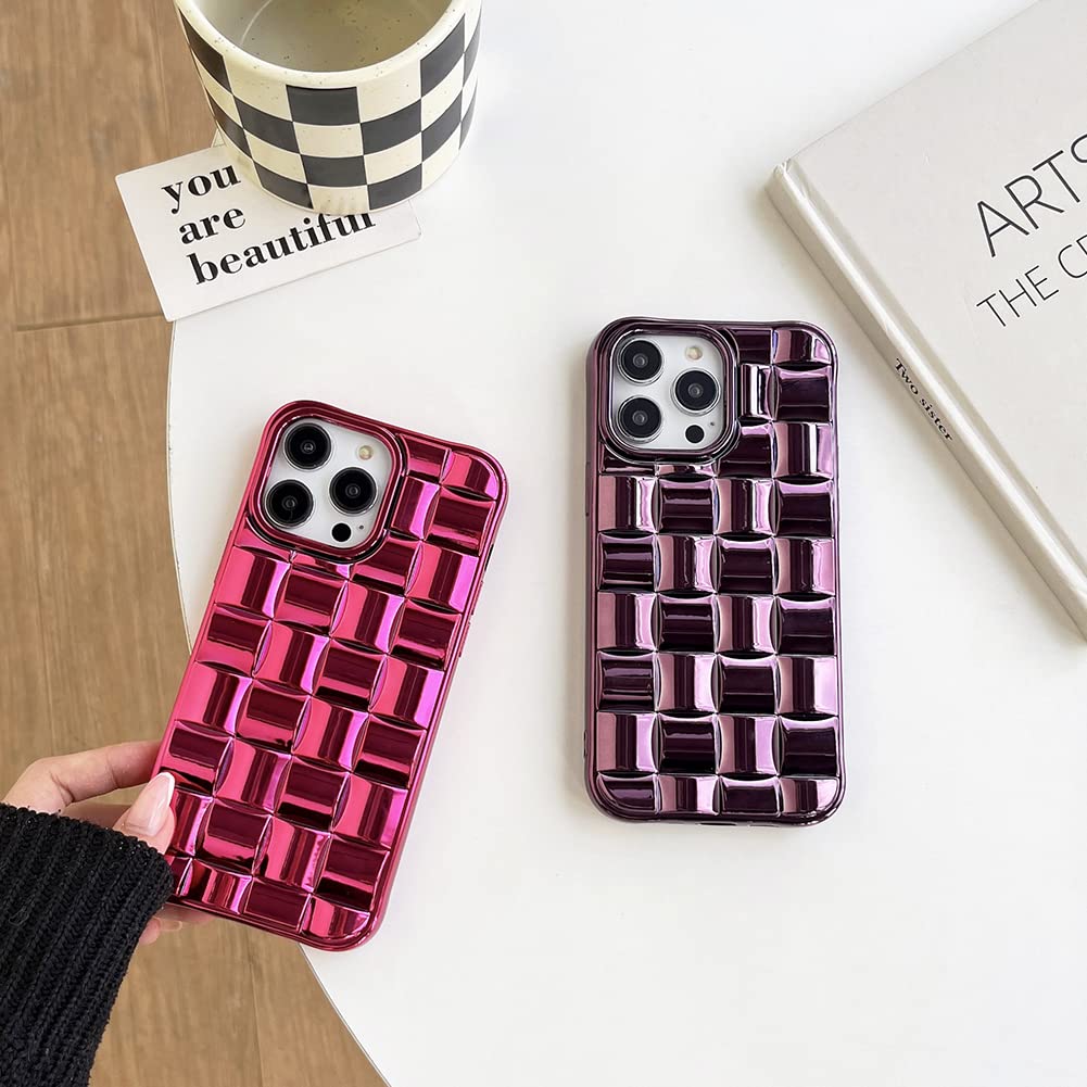 iPhone Cute 3D Weave Grid Lattice Shiny Plated Design Soft TPU Silicone Camera Screen Protect Bumper Case for Women Girls Slim Reinforced Shockproof (Fuchsia,iPhone 12 Pro)