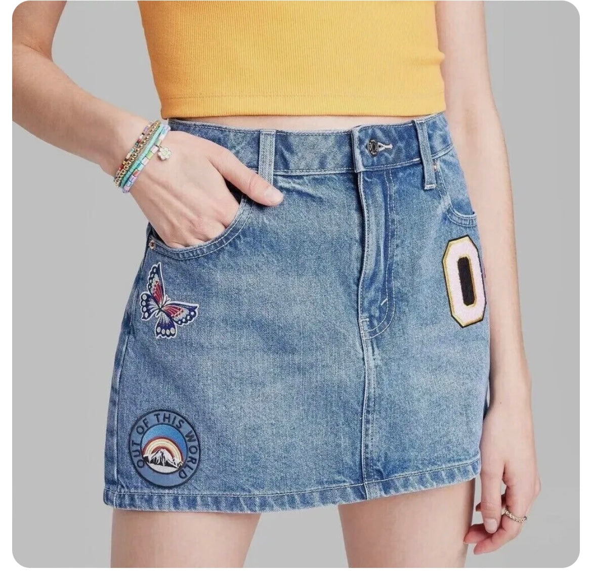 Women's Low-Rise Denim Mini Skirt - Wild Fable Medium Wash Patches Juniors 00