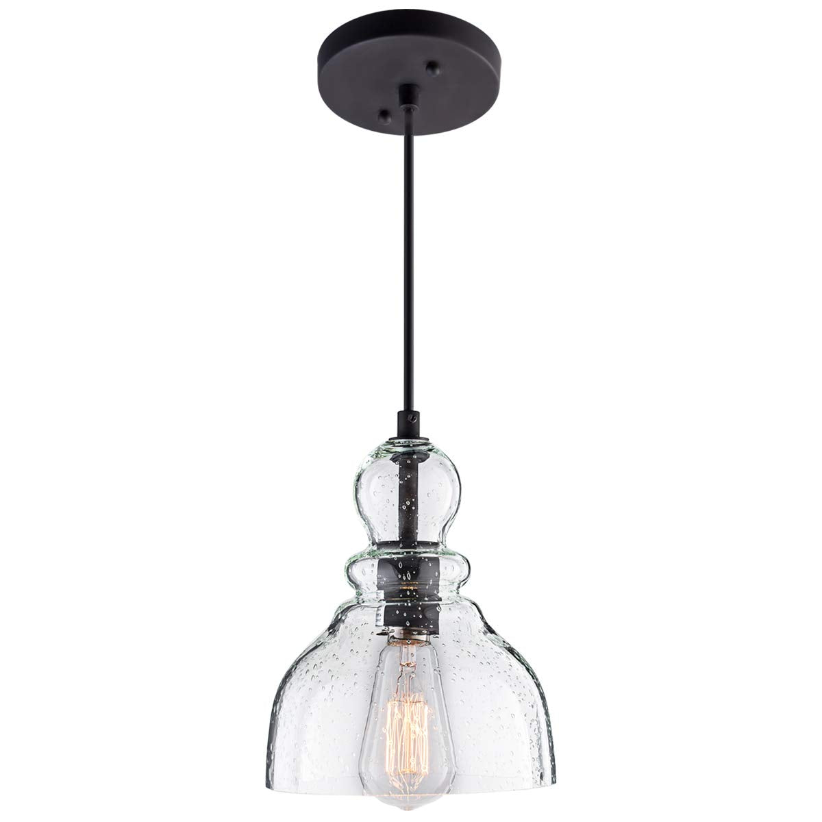 Industrial Mini Pendant Lighting with Handblown Clear Seeded Glass Shade, Adjustable Cord Farmhouse Lamp Ceiling Pendant Light Fixture for Kitchen Island Restaurant, Black, 1 Pack