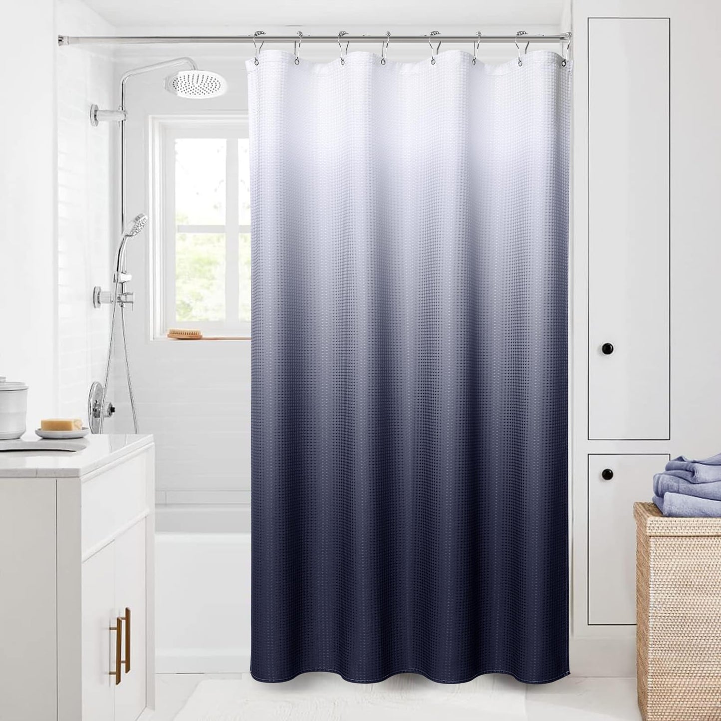 Ink Blue Fabric Shower Curtain, Hotel Quality 230GSM Waffle Weave - Metal Grommet Hooks - Heavy Duty for Bathroom/Shower, Machine Washable - Standard 72 x 72 Inch, Ink Blue and White