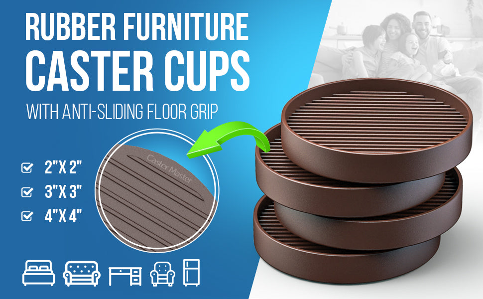 Non Slip Furniture Pads - 3x3 Brown Round Rubber Anti Skid Caster Cups Leg Coasters - Couch, Chair, Feet, and Bed Stoppers with Anti - Sliding Floor Grip (Set of 4)