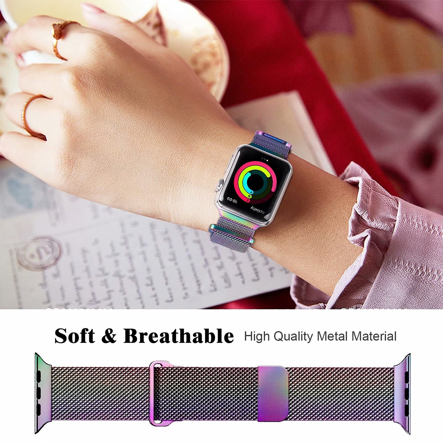 Metal Magnetic Bands Compatible for Apple Watch Band 38/40mm with Case, Stainless Steel Milanese Mesh Loop Replacement Strap Compatible with iWatch Series 8/7/6/5/4/3/2/1 SE Women Men, Colorful