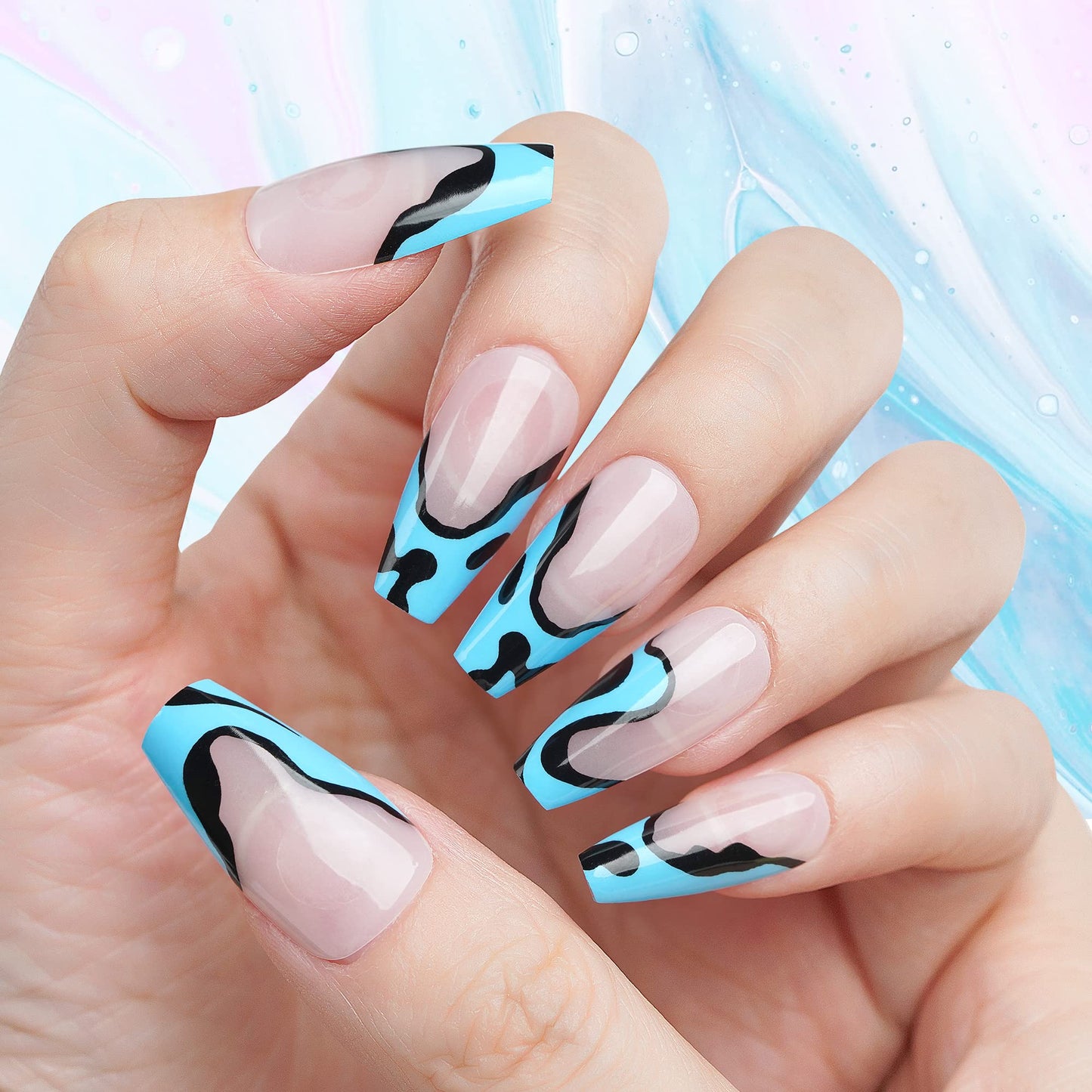 Fashion Press on nails French tips, Fake Nails with Blue Black Design, 24pcs Acrylic False Nails with Glue Kit, Full Cover Glossy Coffin Nails, Portable Manicure, Stick on Nails for Women