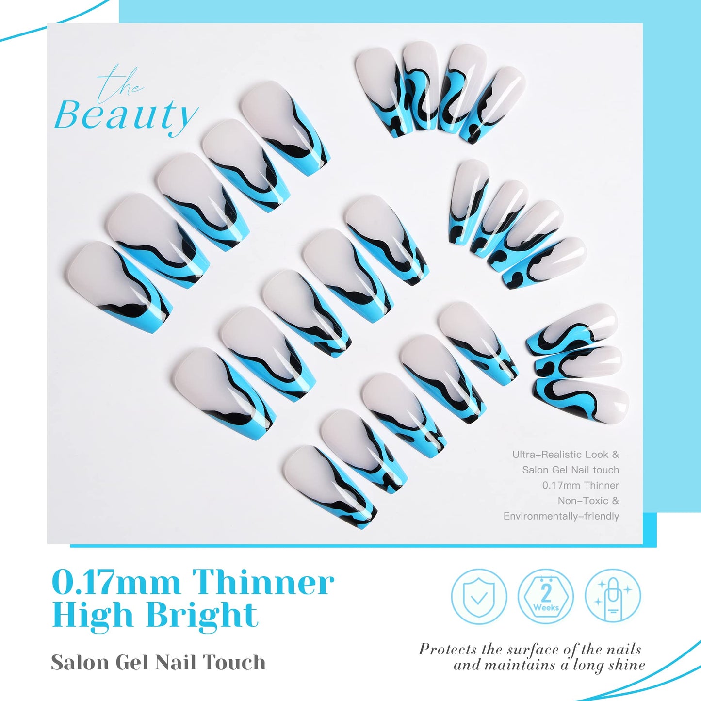 Fashion Press on nails French tips, Fake Nails with Blue Black Design, 24pcs Acrylic False Nails with Glue Kit, Full Cover Glossy Coffin Nails, Portable Manicure, Stick on Nails for Women