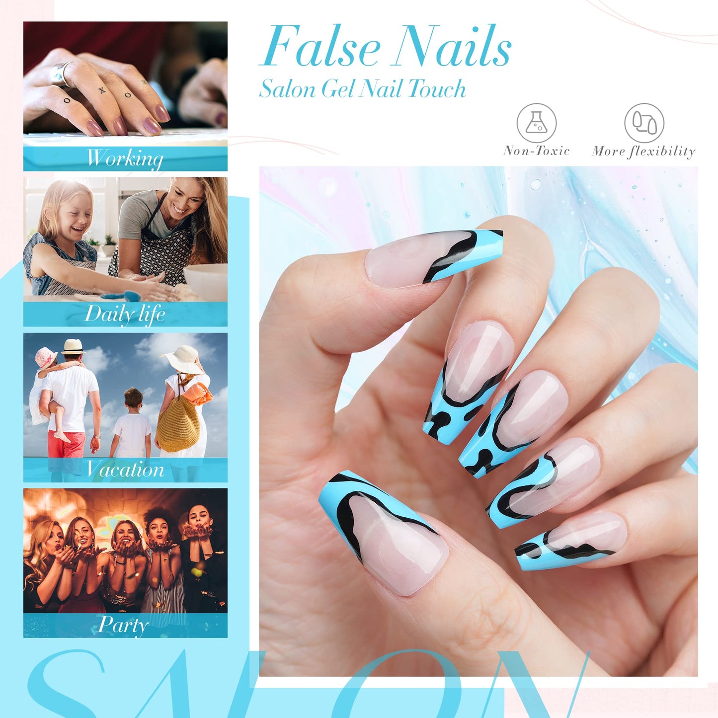 Fashion Press on nails French tips, Fake Nails with Blue Black Design, 24pcs Acrylic False Nails with Glue Kit, Full Cover Glossy Coffin Nails, Portable Manicure, Stick on Nails for Women