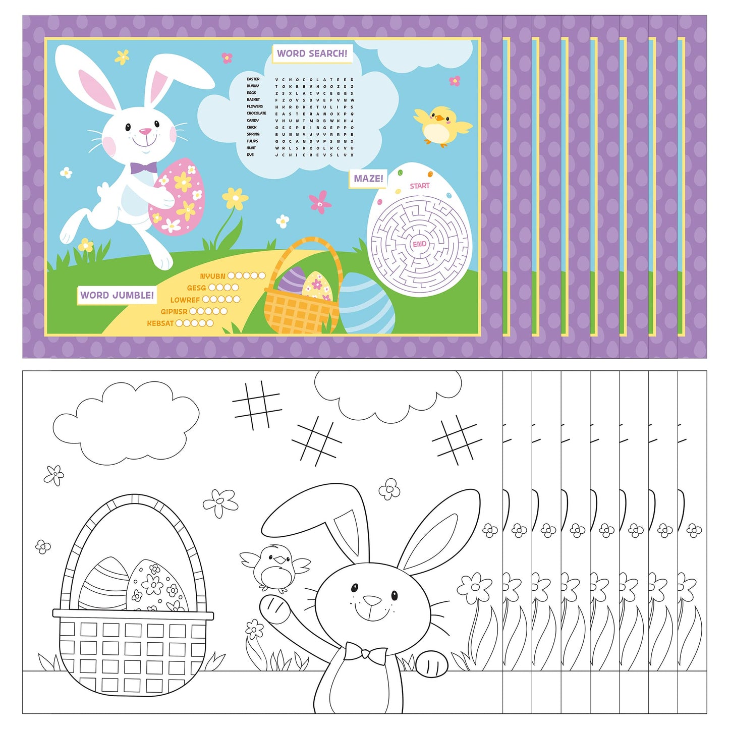 Creative Converting 16 Count Spring Easter Activity Sheets - Coloring Activity for Kids Party Game with Bunny Eggs Flowers Chicks, Word Search, Maze