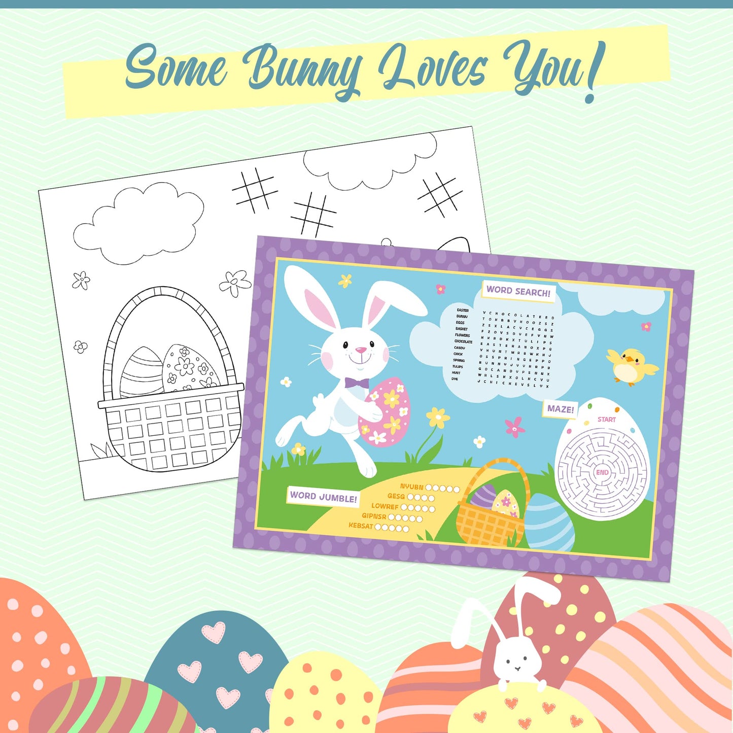 Creative Converting 16 Count Spring Easter Activity Sheets - Coloring Activity for Kids Party Game with Bunny Eggs Flowers Chicks, Word Search, Maze