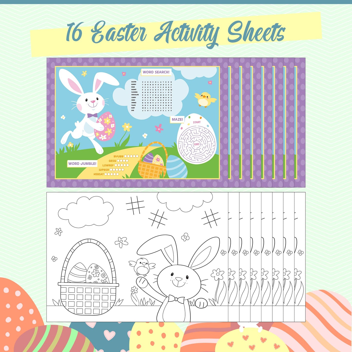 Creative Converting 16 Count Spring Easter Activity Sheets - Coloring Activity for Kids Party Game with Bunny Eggs Flowers Chicks, Word Search, Maze