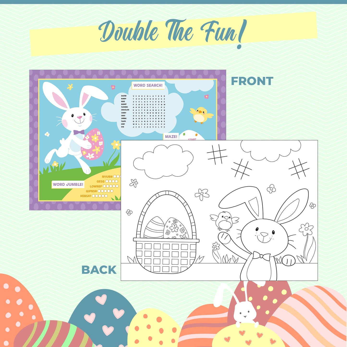 Creative Converting 16 Count Spring Easter Activity Sheets - Coloring Activity for Kids Party Game with Bunny Eggs Flowers Chicks, Word Search, Maze