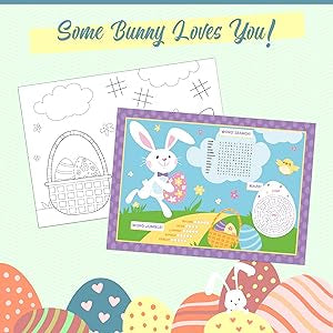 Creative Converting 16 Count Spring Easter Activity Sheets - Coloring Activity for Kids Party Game with Bunny Eggs Flowers Chicks, Word Search, Maze