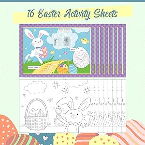 Creative Converting 16 Count Spring Easter Activity Sheets - Coloring Activity for Kids Party Game with Bunny Eggs Flowers Chicks, Word Search, Maze