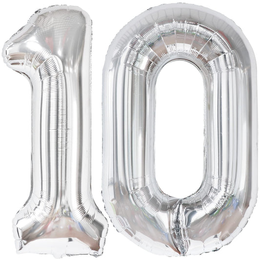 Giant Silver Number 10 Balloon - 40 Inch | 10 Birthday Balloon for 10th Birthday Decorations for Boys | Silver 10 year balloons | Silver 10 Balloon Number for 10 year anniversary decorations