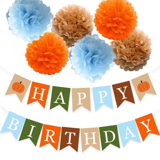 Birthday Banner Blue Little Pumpkin Birthday Party Decoration Thanksgiving Orange Pom Poms Photo Backdrop