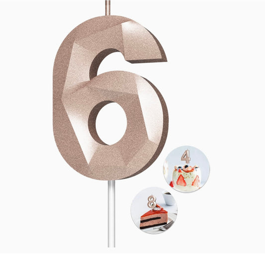 Number Birthday Candles(6 Candle Rose Gold) 3D Diamond Shape Number Happy Birthday Cake Candles for Birthday Party Wedding Decoration Reunions Theme Party