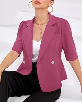 Womens Casual Blazers Short Sleeve Lapel Collar Buttons Work Office Blazer Jackets (Size L) Fuchsia