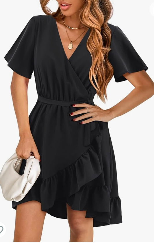 Black Womens Short/Long Sleeve Dress Wrap V Neck Ruffle Hem Mini Summer Fall Dresses(Size 2XL)