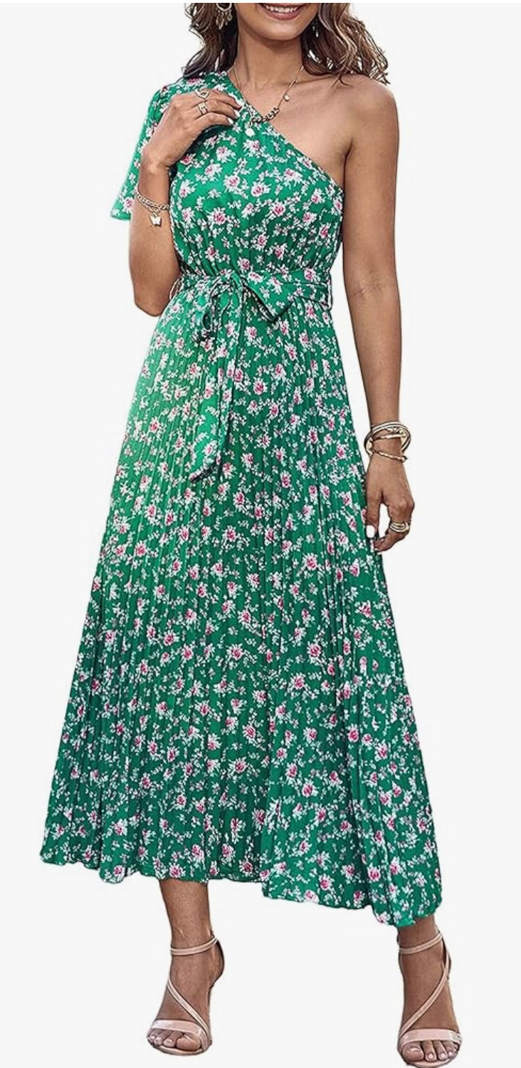 Women One Shoulder Pleated Maxi Dress Summer Floral Boho Dress Short Sleeve Tie Waist A Line Party Flowy Long Dress(Size M)