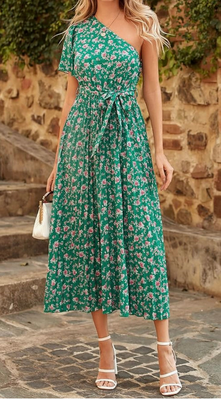 Women One Shoulder Pleated Maxi Dress Summer Floral Boho Dress Short Sleeve Tie Waist A Line Party Flowy Long Dress(Size M)