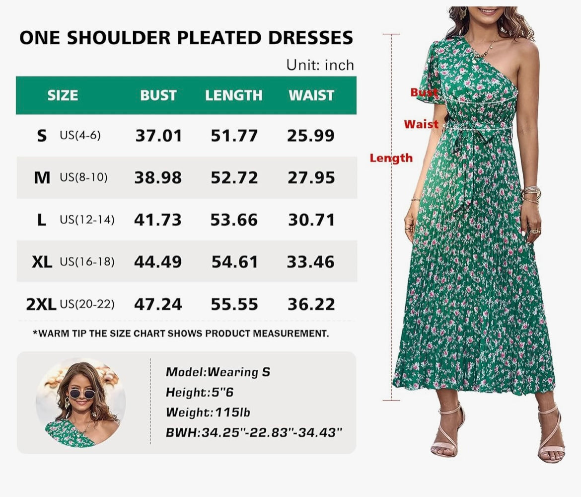 Women One Shoulder Pleated Maxi Dress Summer Floral Boho Dress Short Sleeve Tie Waist A Line Party Flowy Long Dress(Size M)