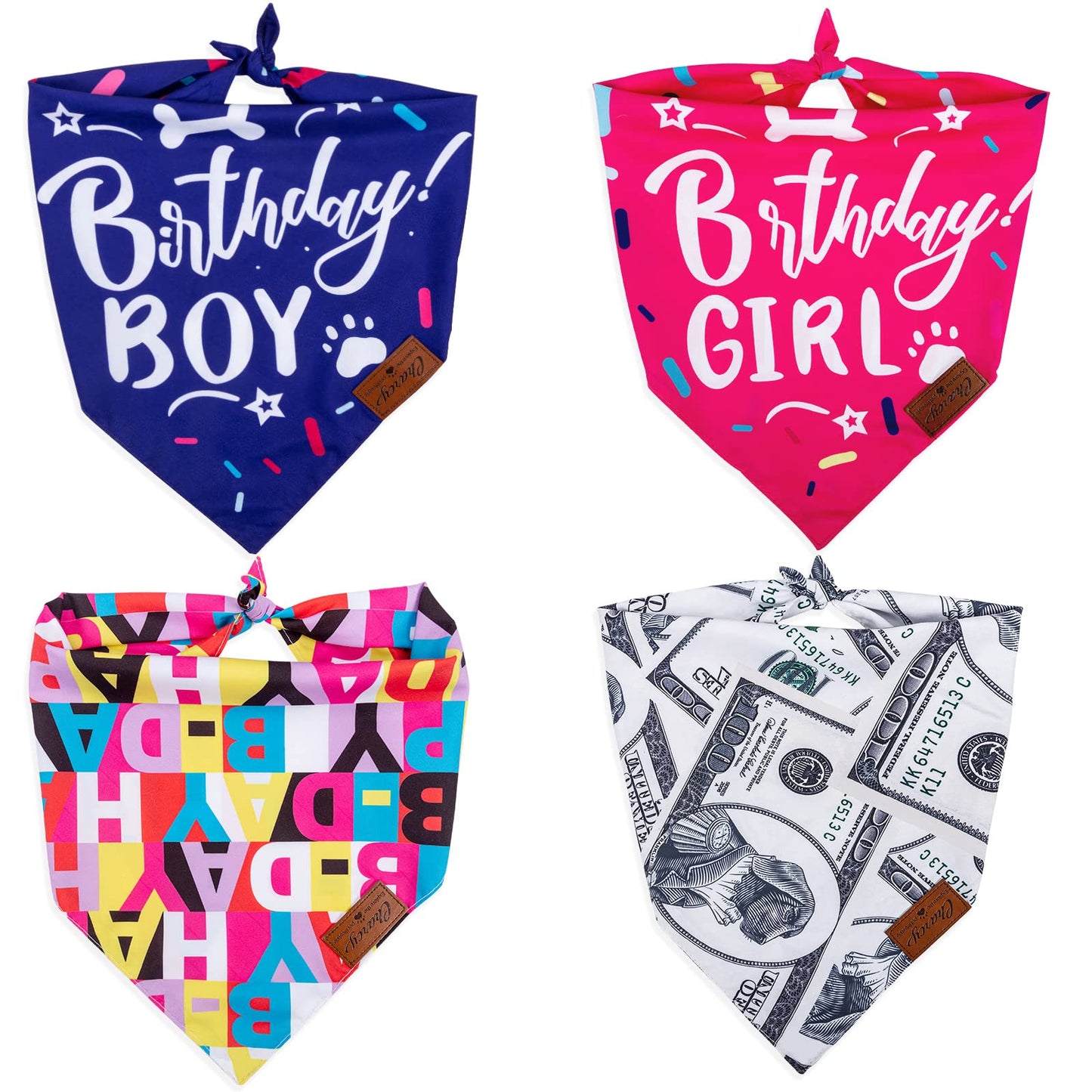 Dog Bandanas 4 Pack, Fall Dog Bandana Boy Girl for Holiday Birthday, Adjustable Durable Dog Scarf, Unique Design - Birthday Triangle